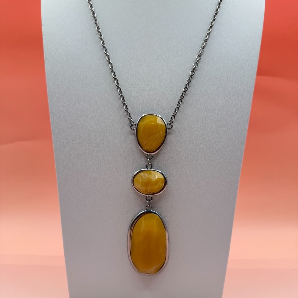 Yellow Faceted Stone Drop Necklace Silver Tone Chain Long Statement Boho Gift